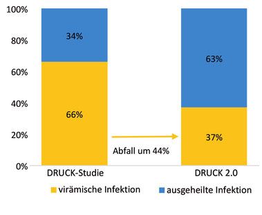 Abb. 1  Anteil virämischer und ausgeheilter Infektionen unter anti-HCV positiven Teilnehmenden, DRUCK-Studie (2011-2014, n=1.361) und DRUCK 2.0 (2021-2022, N=432) 9