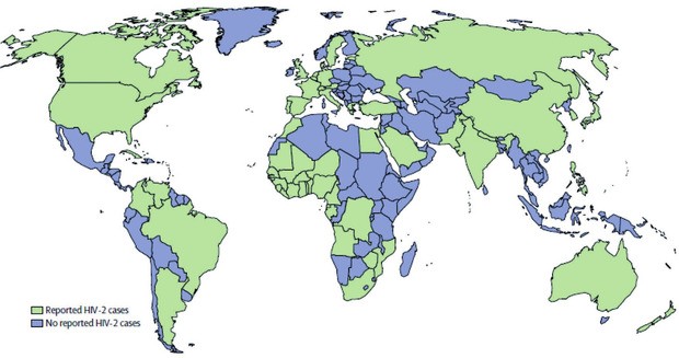 Abb. 1 Map of countries with reported HIV-2 cases – Countries or regions with reported HIV-2 cases are shown in green, Data are compiled from entries in the Los Alamos National Laboratory HIV database and country-specific searches for HIV-2 on PubMed (accessed March 16, 2018)